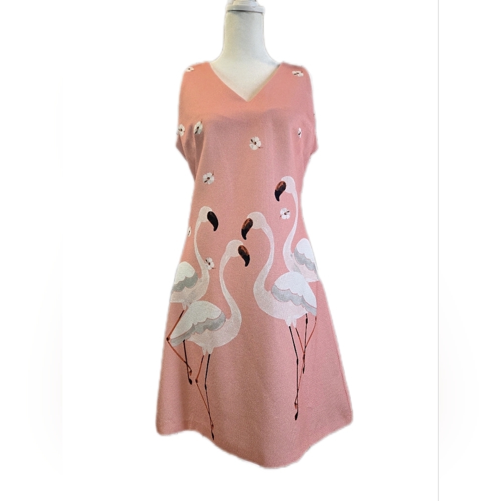 Julian Taylor Pink Flamingo V-Neck Midi Dress NWT